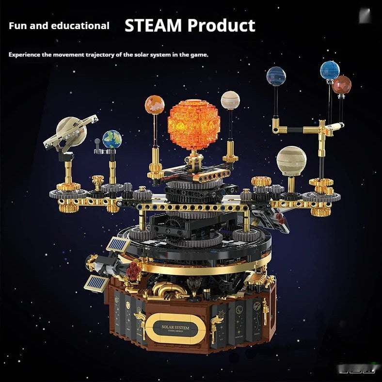 Electric building blocks solar system model with rotating Earth instrument and flashing LED lights assembled from 200+ ABS plastic pieces