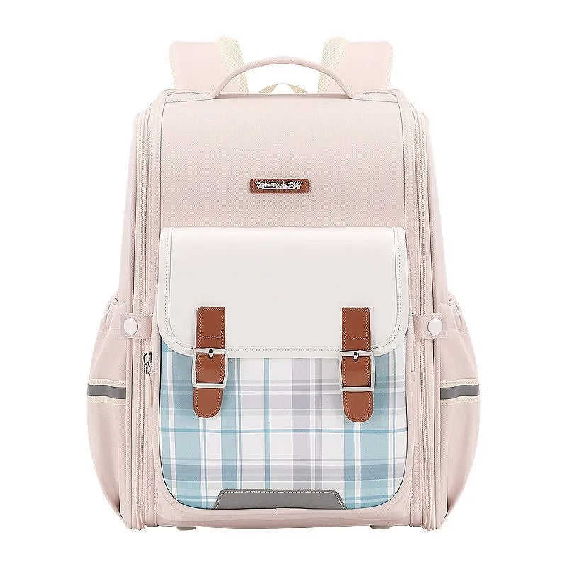 Navy blue student backpack with multiple pockets, made from durable oxford cloth for school children.