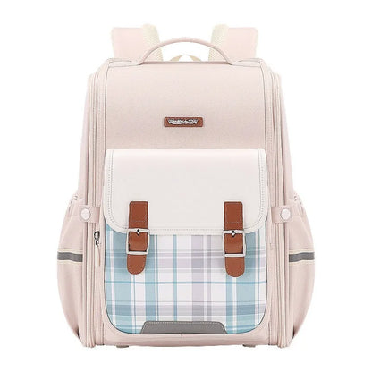 Navy blue student backpack with multiple pockets, made from durable oxford cloth for school children.