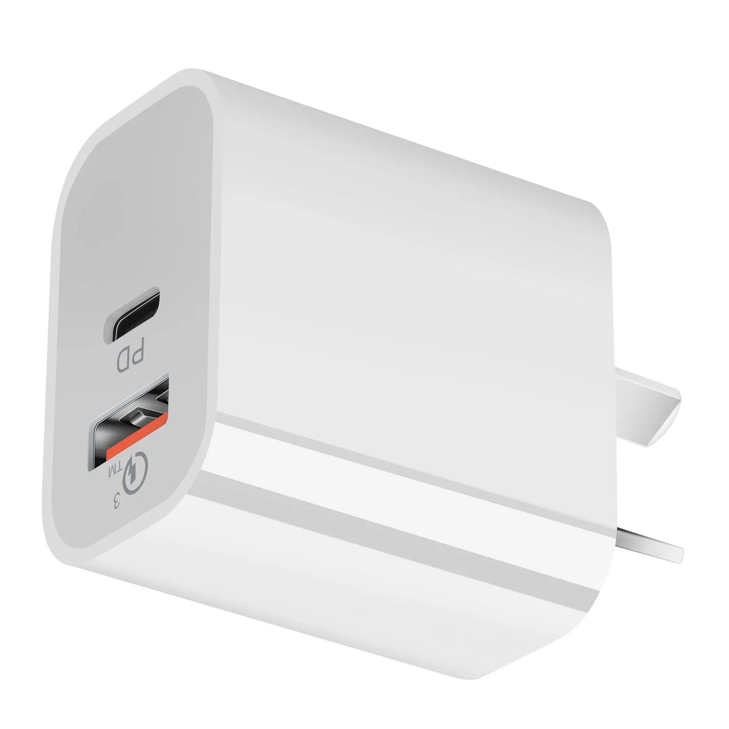 White Australian dual-port USB wall charger with USB-A and USB-C ports