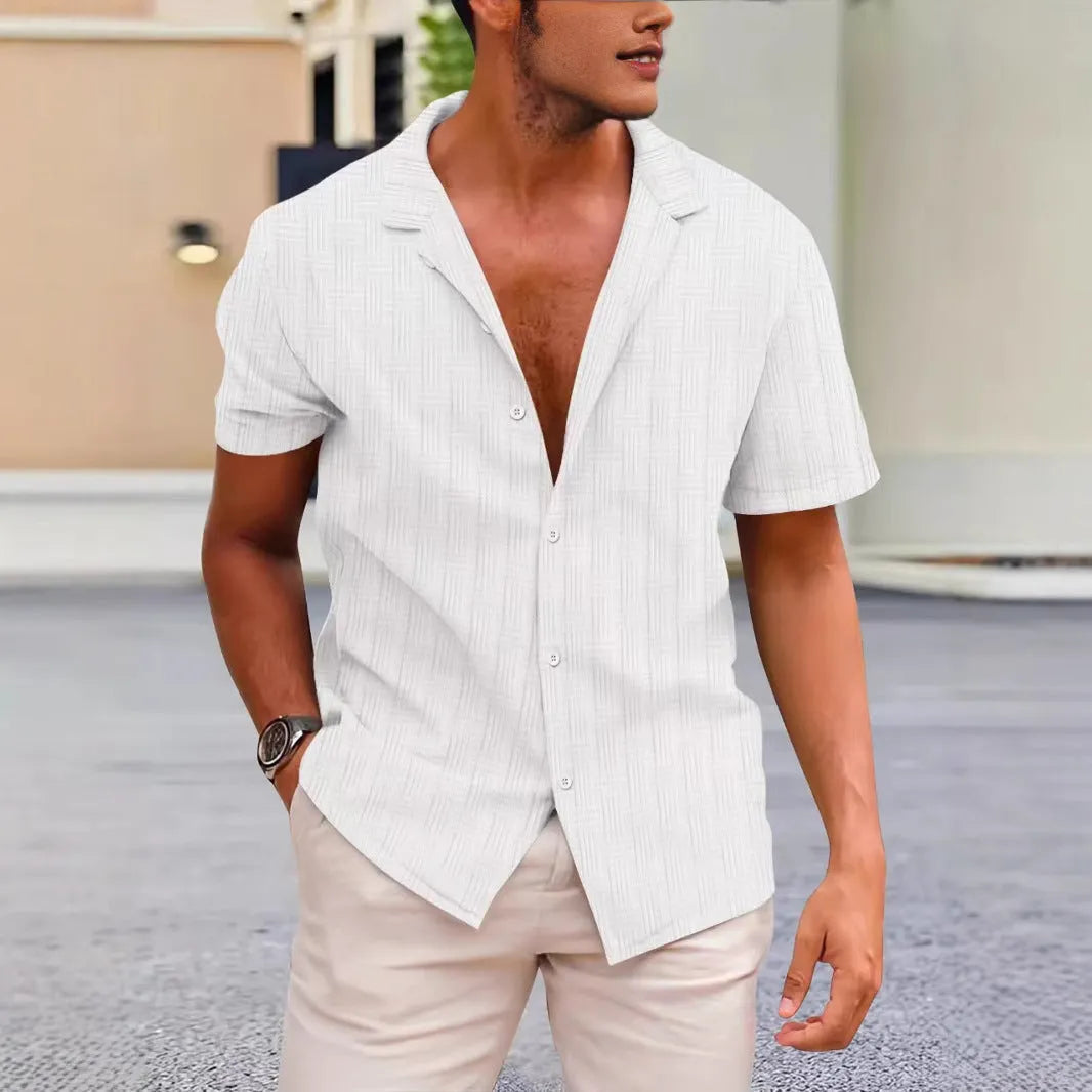 British-style corduroy short sleeve shirt with lapel collar in solid colour options