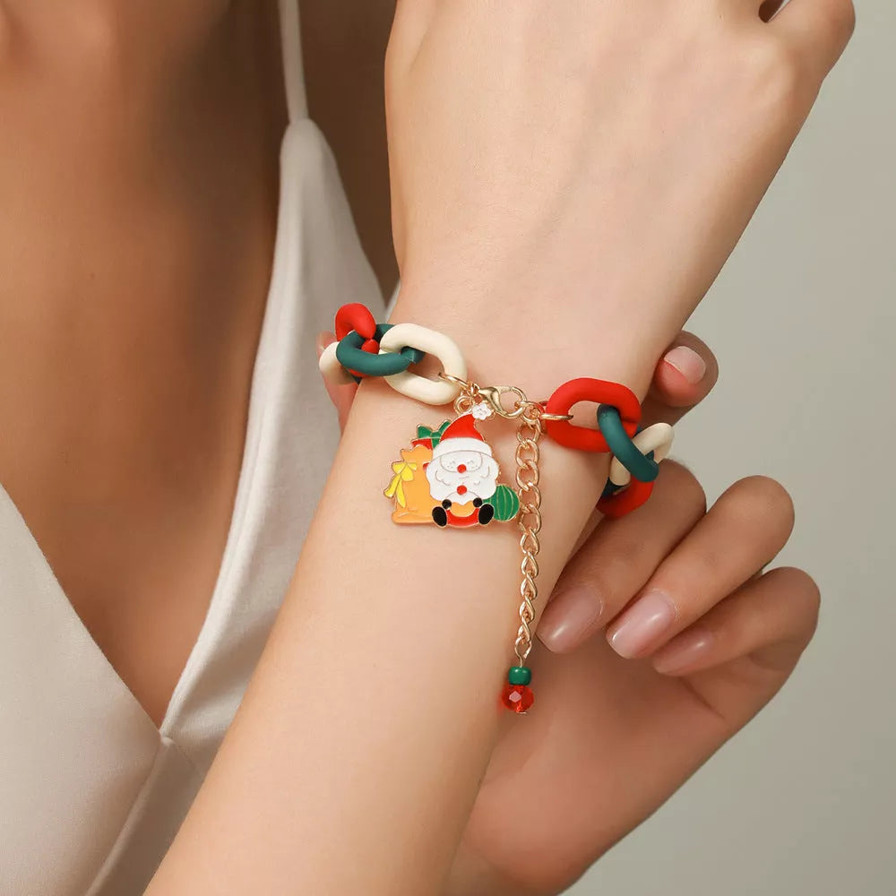 Festive Christmas Metal Chain Bracelet with Santa Claus and snowflake designs