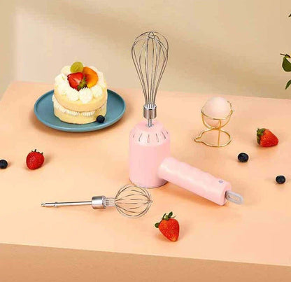 Cordless mini wireless electric hand mixer with whisk and beater attachments, available in green, white, and pink colors