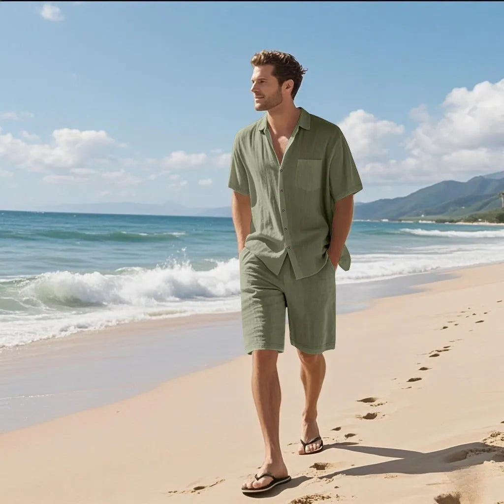 Linen leisure breathable short sleeve shirt beach suit in Army Green, showing top and shorts set