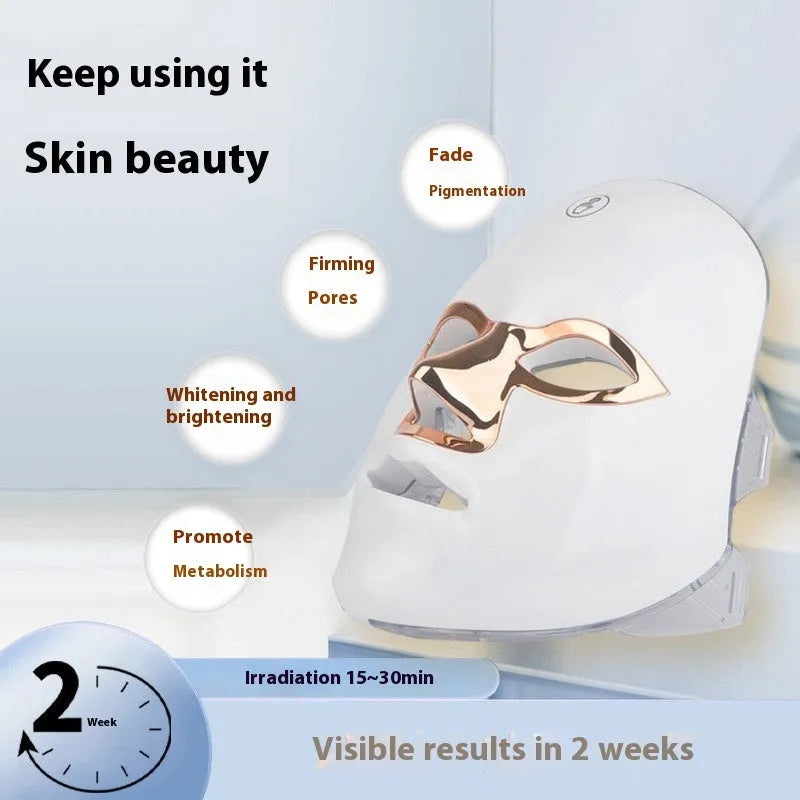 White golden edge LED beauty mask with manual touch controls and fixing strap for facial treatments
