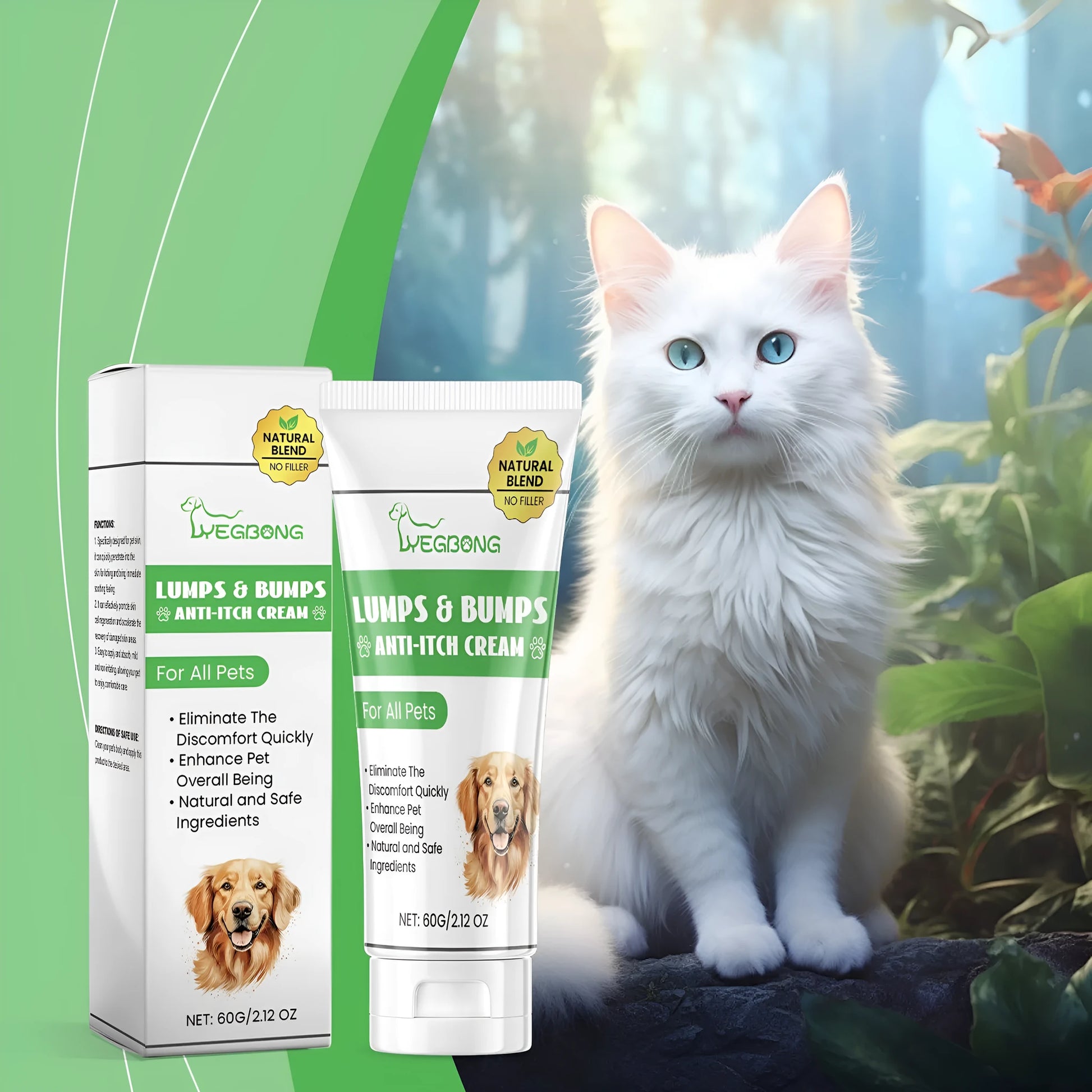 60g jar of natural pet antipruritic cream for cats with tea tree oil and aloe vera extracts.