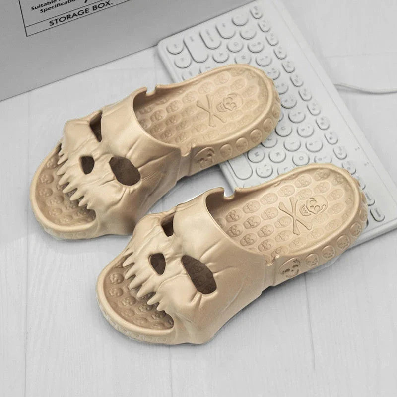 Spooky skull-printed slide sandals in various colors and sizes