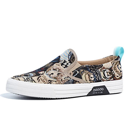 Men's low top canvas slip-on sneakers in khaki colour with vulcanised rubber sole.