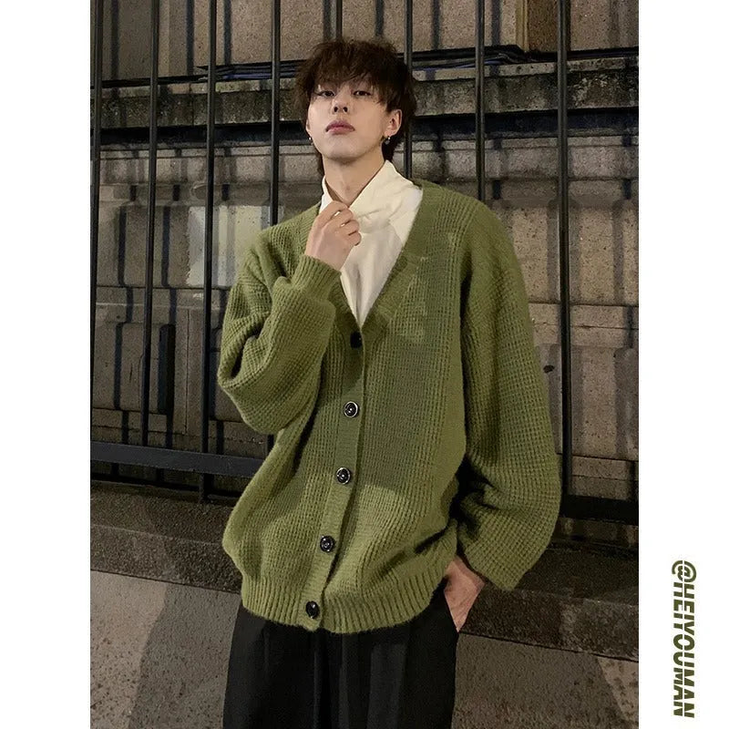 Men's loose fit V-neck cardigan sweater in army green, a cotton blend casual garment