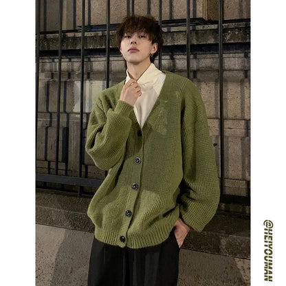 Men's loose fit V-neck cardigan sweater in army green, a cotton blend casual garment