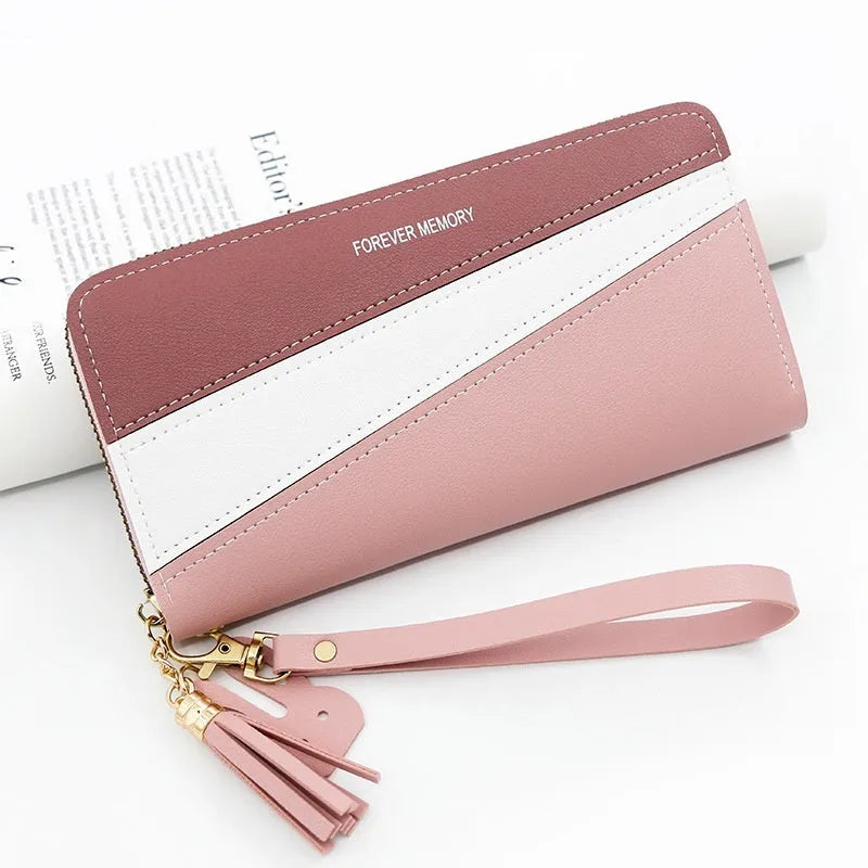 Square vertical PU leather coin purse card holder with contrast colour trim, medium length, in pink, red, blue or black.