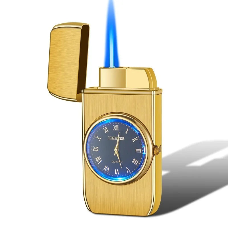 Electronic watch cigarette lighter with LED lamp in metal body showing five finish options