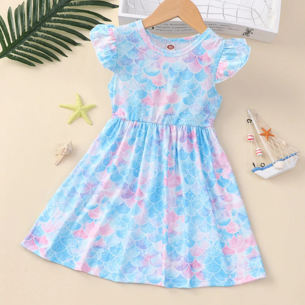 Girl's flounced sleeve dress with A-line skirt in polyester, available in multiple colours for ages 1-6 years
