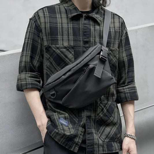 Black men's 8-inch Oxford fabric chest bag with slanted Japanese leisure design