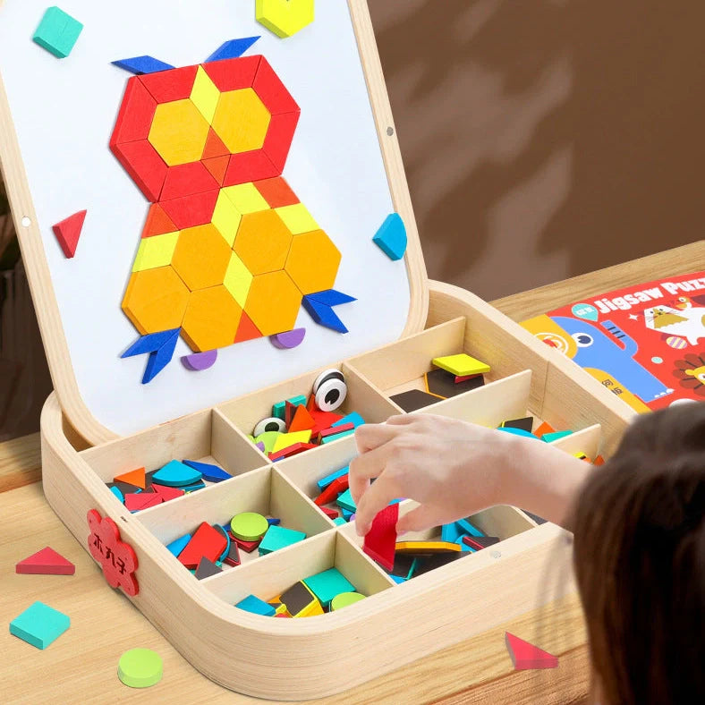 Wooden magnetic jigsaw puzzle with double-sided drawing board for children aged 4-6 years