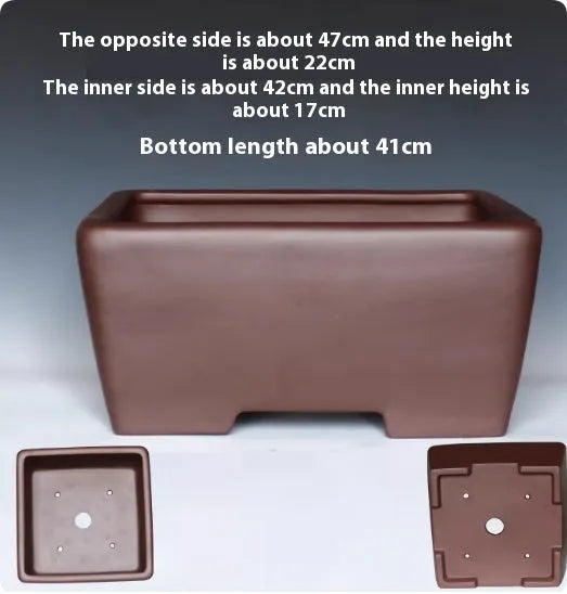 Square purple clay succulent bonsai pot with classical design on wooden table