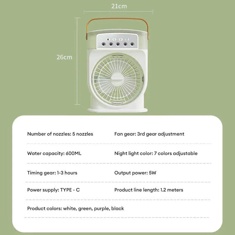 Portable USB-powered evaporative air cooler with 5 mist sprays, 7 color lights, and 600ML water tank