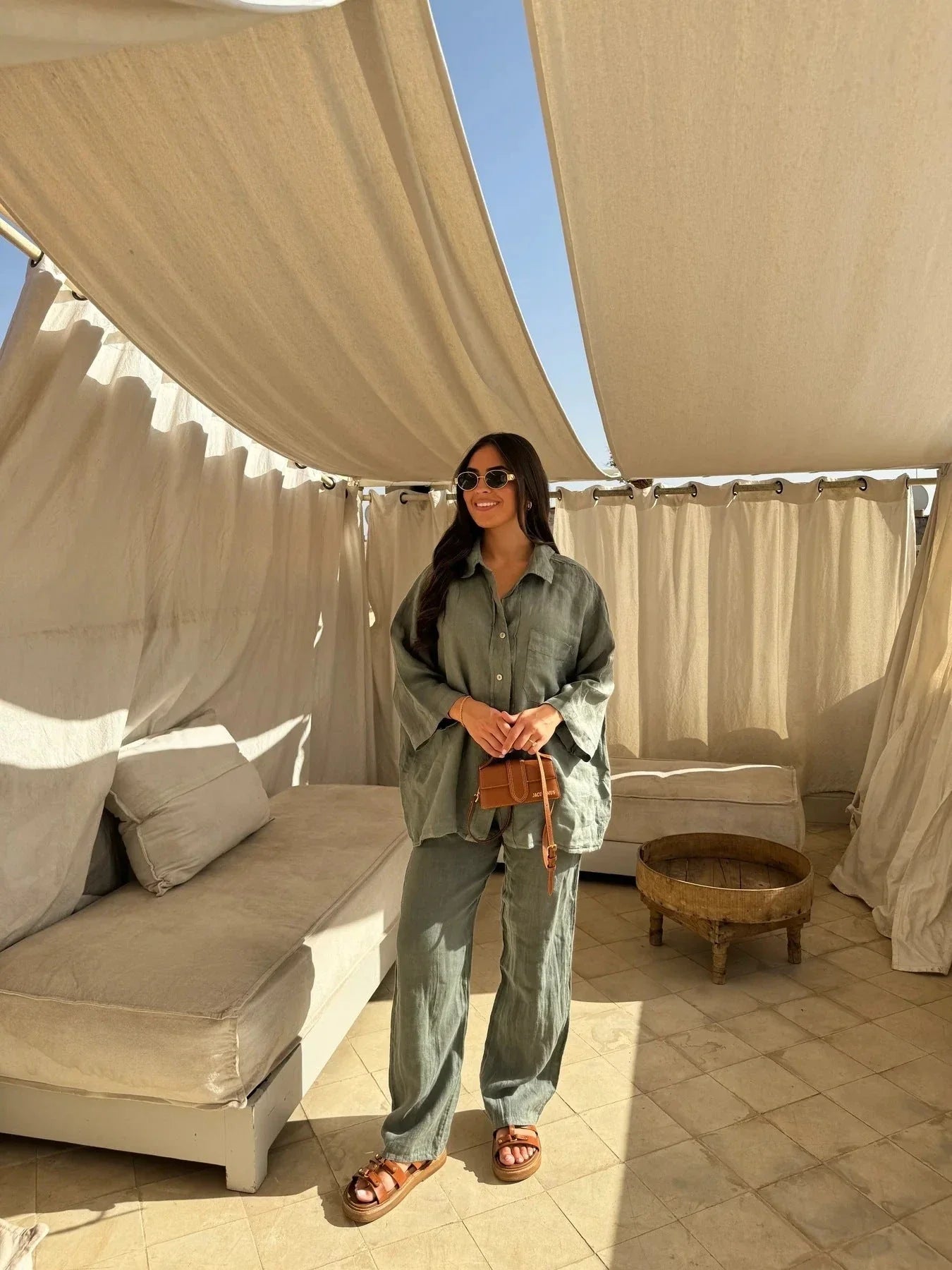 Women's stylish polyester lounge set with wide-leg pants and long-sleeved shirt in various colors