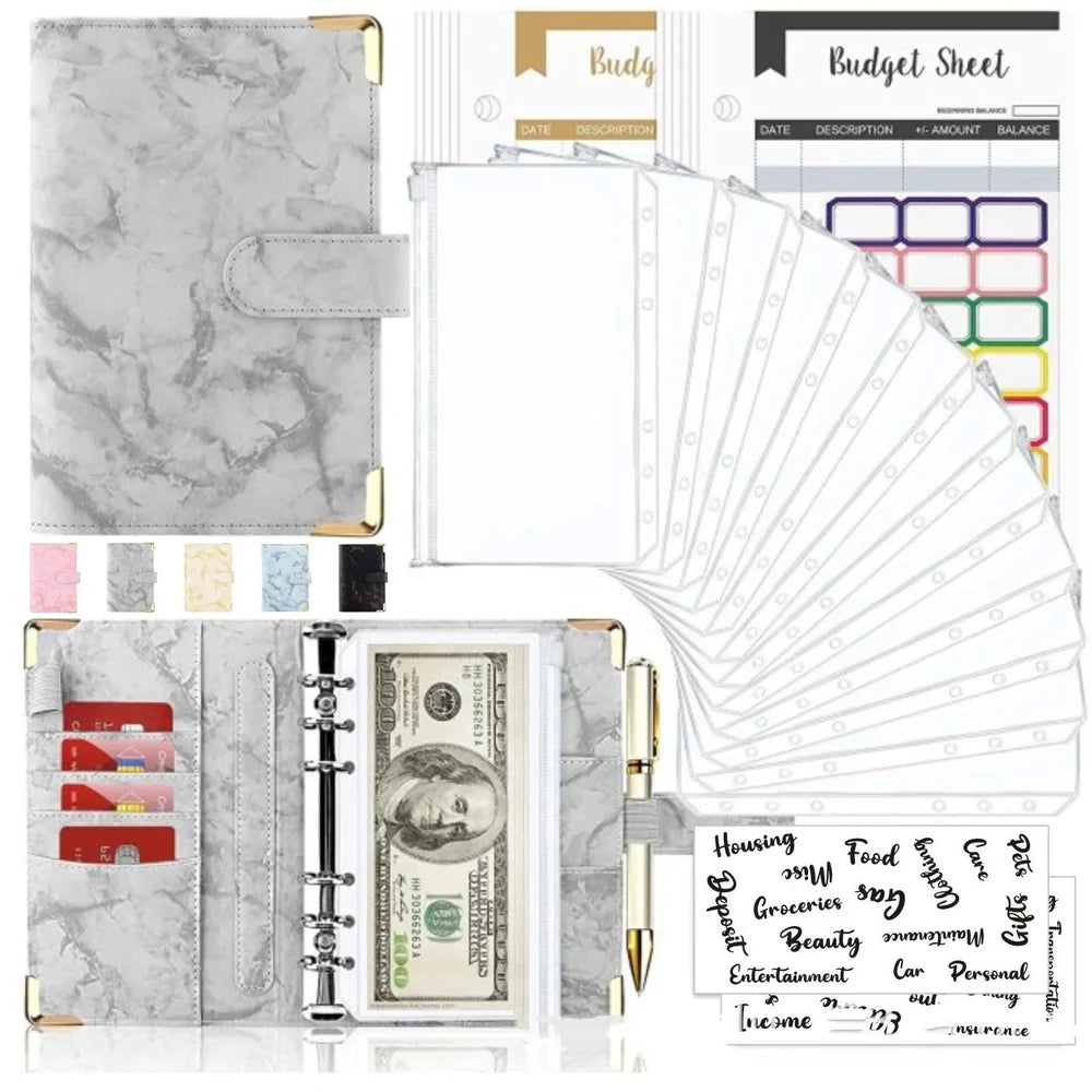 A6 leather PU binder journal open showing colour budget sheets and zip pockets with spiral binding