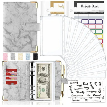 A6 leather PU binder journal open showing colour budget sheets and zip pockets with spiral binding