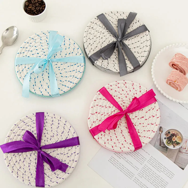 Cotton Cord Coasters Round Set of Three Placemats Modern Coaster Placemat Set 18cm Diameter in Grey, Pink, Purple or Blue Colour for Table Decor, Simple Modern Design, Three-Piece Coaster Set
