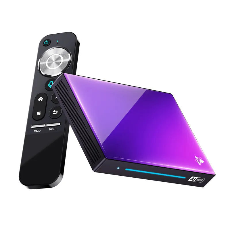 Android eight-core set-top box, 96mm x 16.8mm, with HDMI, Bluetooth, WiFi, remote control and DC power supply