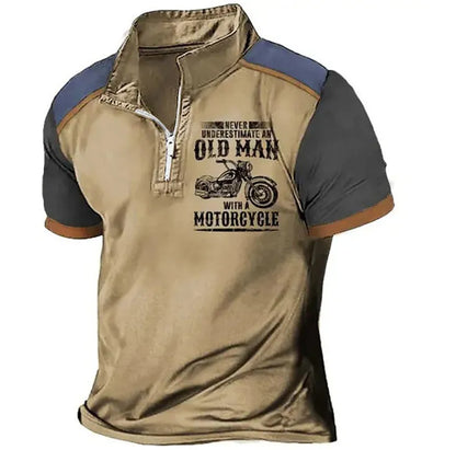 Men's casual polo shirt with digital letter printing and zipper decorations in polyester fibre