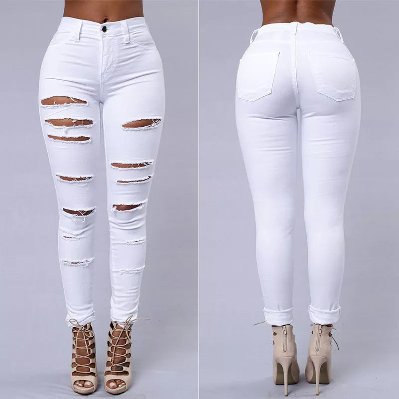 Women's high waist ripped skinny jeans in cotton, available in white and black