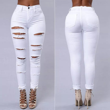Women's high waist ripped skinny jeans in cotton, available in white and black