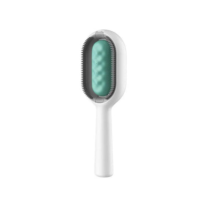 Large blue silicone-bristle dog comb with a bottle of cleansing essence