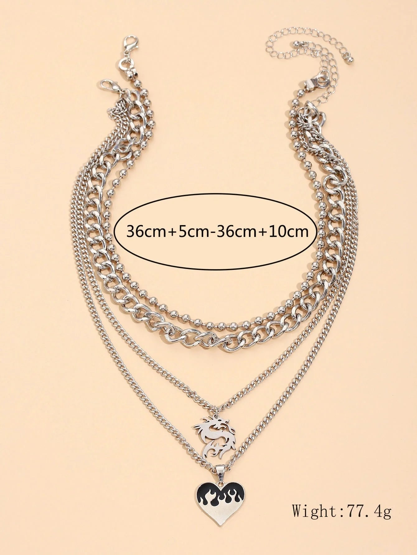 Silver dragon pendant necklace with adjustable chain, geometric design