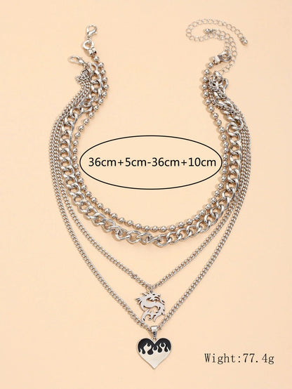 Silver dragon pendant necklace with adjustable chain, geometric design