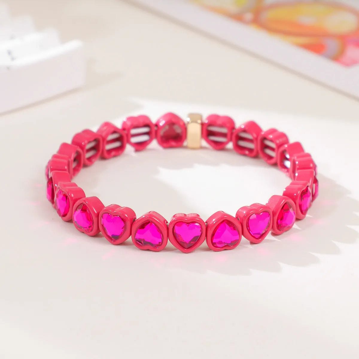 Rainbow enamel heart-shaped stretch bracelet in alloy with diamond process surface