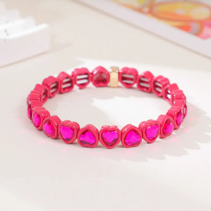 Rainbow enamel heart-shaped stretch bracelet in alloy with diamond process surface