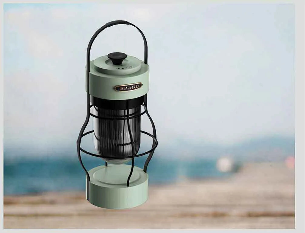 Black vintage-style iron camping lantern with USB charging and LED light, for tent and campsite use.