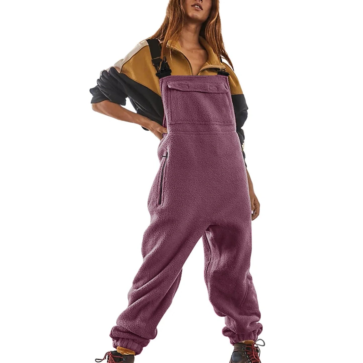Premium polar fleece jumpsuit in various colors, featuring adjustable suspenders and a wide waistband for a customized fit.