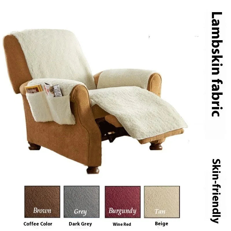 Lamb wool coloured sofa cushion cover with elastic hem stretched over 64cm wide cushion