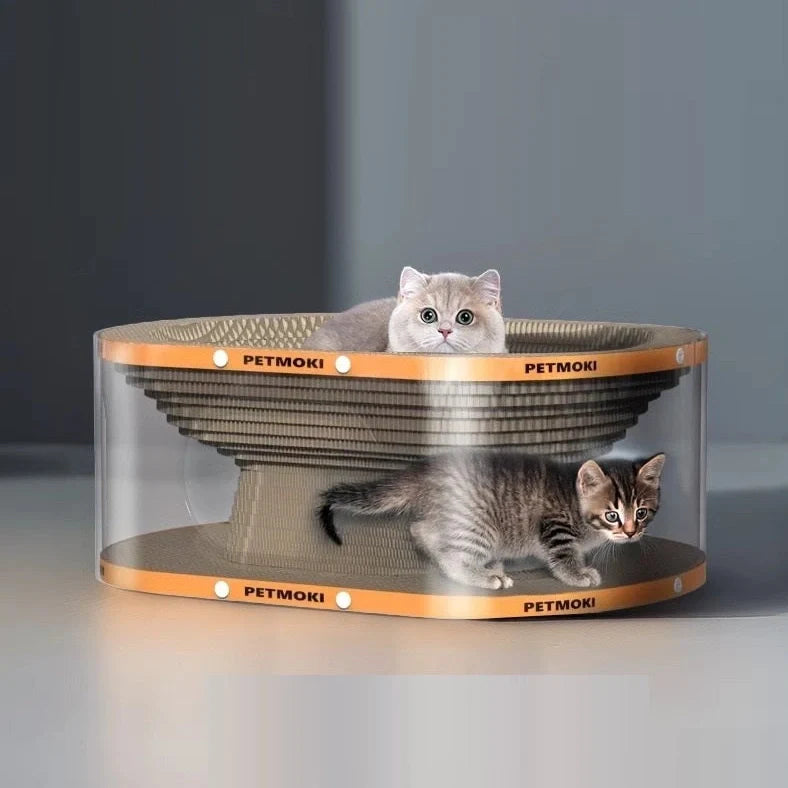 White transparent cat scratch board nest tunnel toy with diamond pattern measuring 58x45x23cm