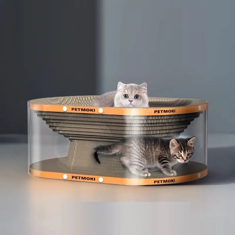 Transparent white diamond cat scratch board nest tunnel toy with PVC and corrugated board, dimensions 58x45x23cm