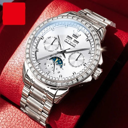 Men's automatic mechanical watch with diamond dial, stainless steel case, and transparent back showing movement
