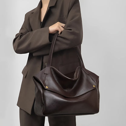 Brown genuine leather women's commuter shoulder bag with horizontal square shape