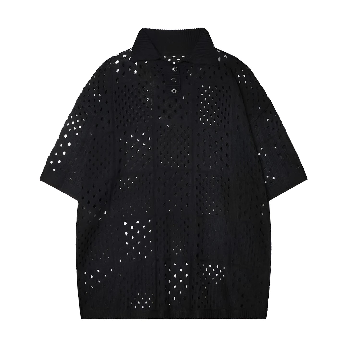 Knitted polo shirt short sleeve in solid black colour showing loose fit design