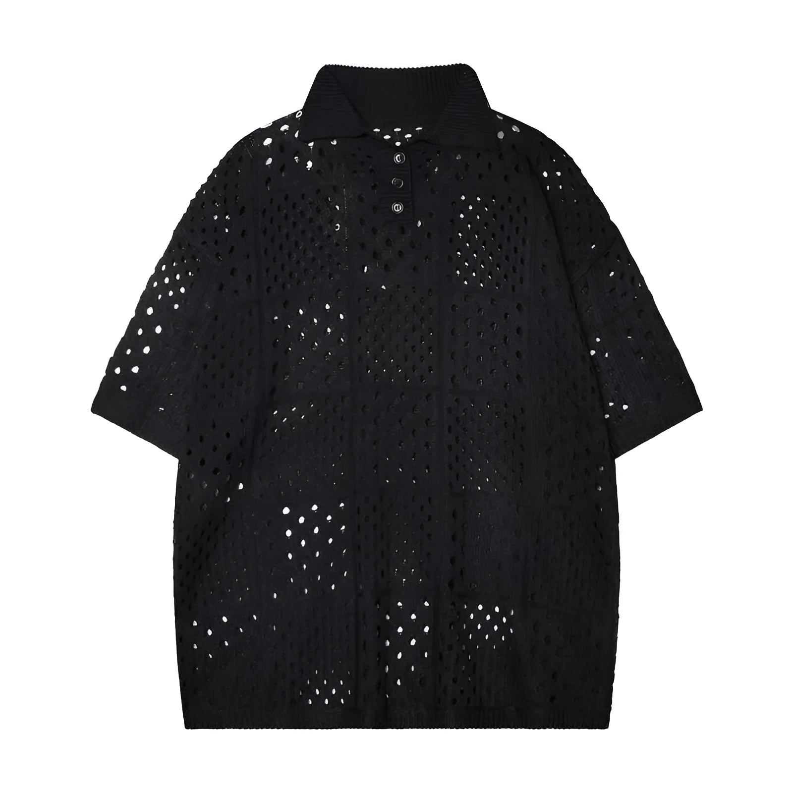Knitted polo shirt short sleeve in solid black colour showing loose fit design