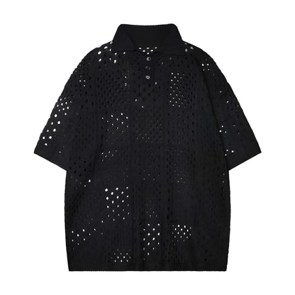 Knitted polo shirt short sleeve in solid black colour showing loose fit design