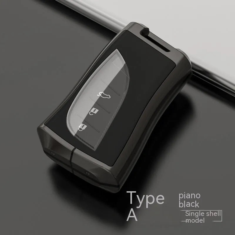 Lexus car key case cover in zinc alloy and TPU shown in black, with optional belt buckle attachment.