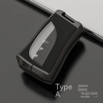 Lexus car key case cover in zinc alloy and TPU shown in black, with optional belt buckle attachment.