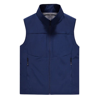 Men's loose fit casual cardigan vest in army green with stand collar and zippered pockets