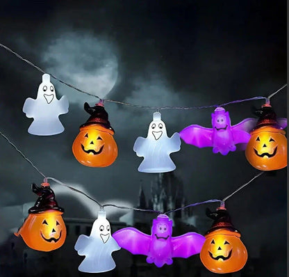 Warm glowing Halloween lighting chain with pumpkins, ghosts, and bats for indoor and outdoor decoration