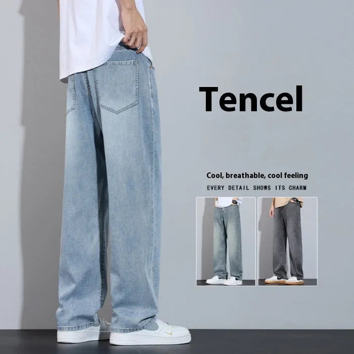 Straight-leg casual trousers in thin denim fabric with zip fly placket, available in UK2560 blue, grey, light blue, and vintage blue colours
