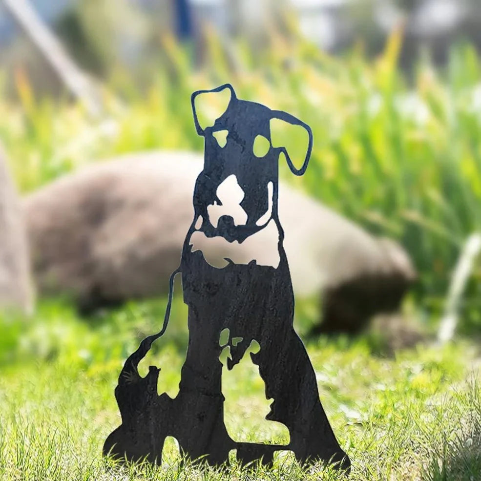 Metal dog silhouette garden decoration showing breed outline on iron background for outdoor display